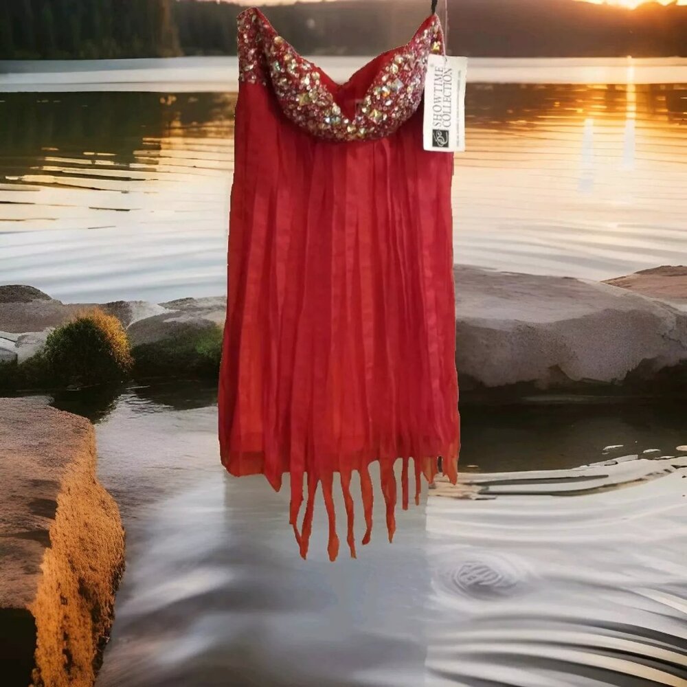 NWT pink fringe cocktail prom womans dress Showtime Collection strapless…